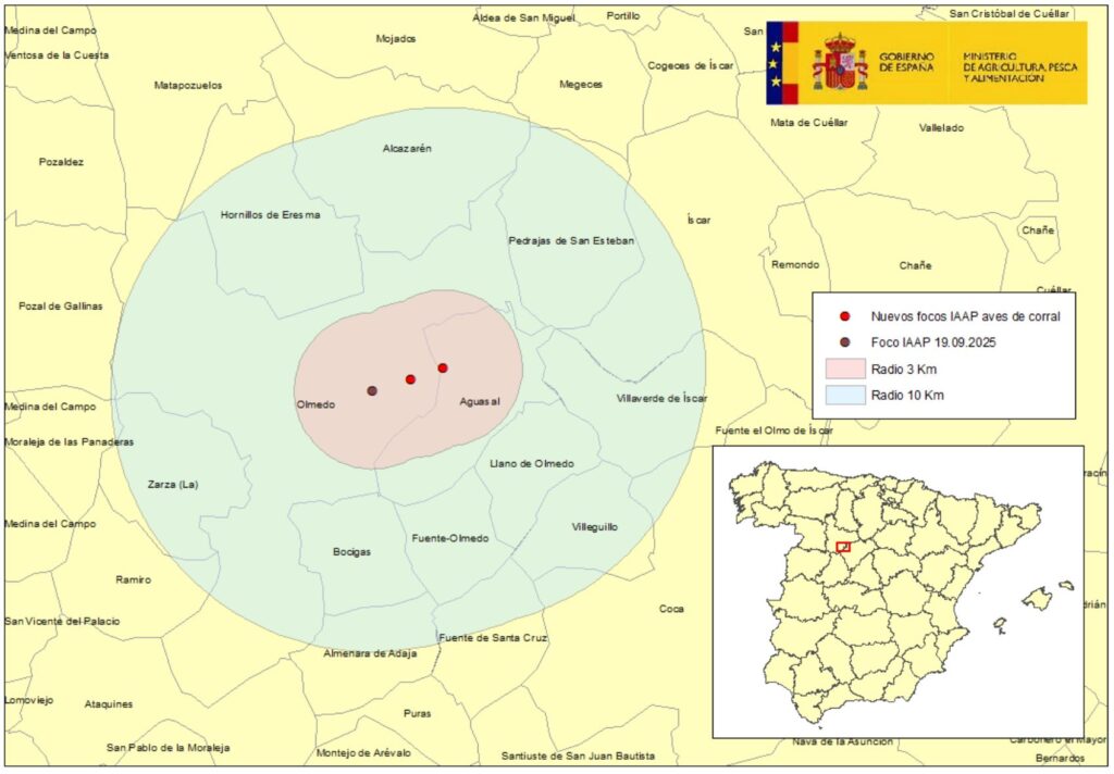Localización de los dos focos de IAAP en aves de corral en la provincia de Valladolid,
detectados en la zona de protección del anterior foco confirmado el 19 sep. 2025