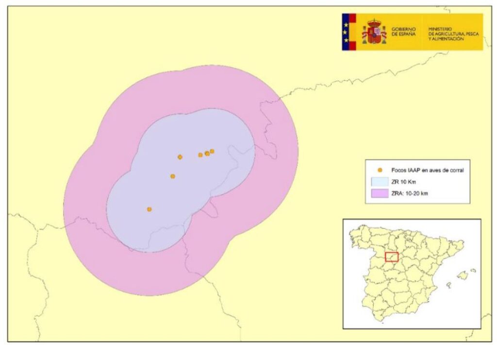 Zona de restricción adicional (ZRA) de 10 km adicionales a los 10 Km ya existentes, alrededor de los focos de IAAP en aves de corral notificados en la
provincia de Valladolid. Esta ZRA estará vigente desde el 27 octubre hasta nuevo aviso de las autoridades.